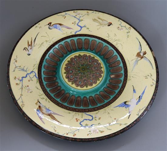 A 19th century Aesthetic charger with Japonaise ornithological border, ST monogram and number verso diameter 38cm